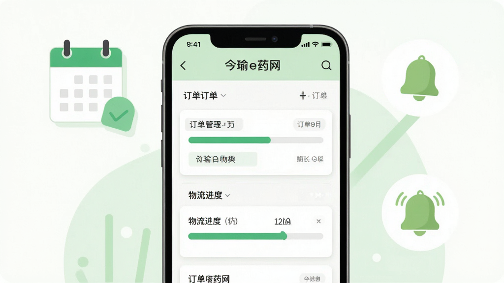 画面主体为手机屏幕特写,屏幕显示“今瑜e药网”订单管理页面,包含订单列表与物流进度条,手机旁有日历与铃铛图标;布局为手机居中、图标环绕;风格为清新扁平化插画,细节上进度条与订单卡片层次分明,色调以浅绿与白色为主;画质高清,画面干净,无多余元素