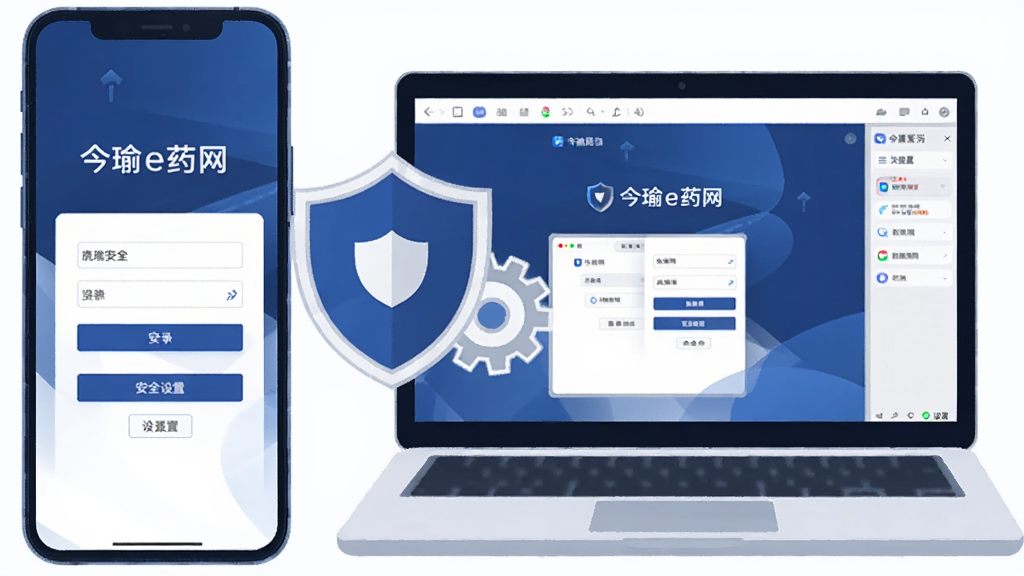 画面主体为一部手机与一台笔记本电脑并排摆放,手机屏幕显示“今瑜e药网”登录界面,电脑屏幕显示模拟器运行同一应用的画面;布局为左手机右电脑,中间有盾牌与齿轮图标象征安全与设置;风格为科技感扁平插画,细节上界面元素清晰,色调以深蓝与白色为主;画质高清,画面干净,无多余元素