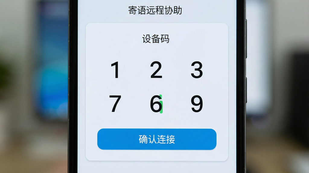 一部安卓手机特写,屏幕中央显示六位数字验证码输入框,上方有“设备码”字样,下方有“确认连接”按钮,界面为浅色卡片式设计,背景虚化处理,风格简洁清爽,排版纵向居中,细节上验证码数字清晰醒目,画质高清,画面干净,无多余元素,屏幕中显示文字“寄语远程协助”