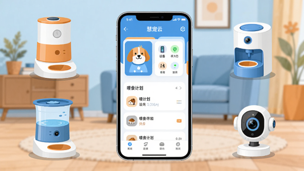 画面中央放置一部智能手机,屏幕显示慧宠云应用主界面,界面包含宠物头像卡片、设备状态图标与喂食计划列表,手机周围环绕智能喂食器、宠物饮水机与摄像头三个设备图标,采用扁平化插画风格,浅蓝与暖橙配色,背景为简洁的室内客厅场景,细节清晰,画质干净,无多余元素