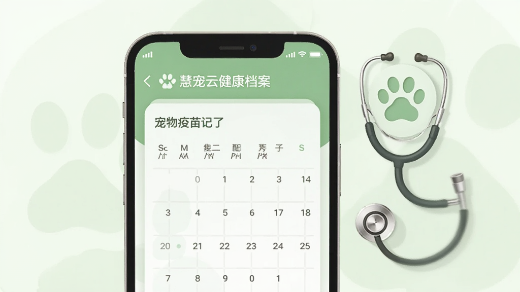 画面为慧宠云健康档案界面示意图,手机屏幕显示宠物疫苗记录卡片与提醒日历,旁边放置听诊器与宠物爪印图标,采用清新浅绿配色,扁平插画风格,布局整洁,画质干净