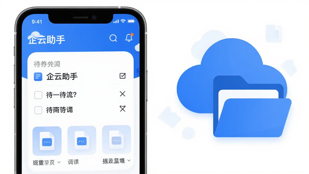 画面主体为一款名为“企云助手”的手机应用图标与界面展示,布局采用居中构图,左侧放置手机正视图展示应用主界面,右侧悬浮展示云朵与文件夹图标组合,排版简洁清晰,风格为现代商务扁平化设计,细节包含蓝白配色、圆角卡片、待办列表与文件缩略图元素,画质高清,干净,无多余元素
