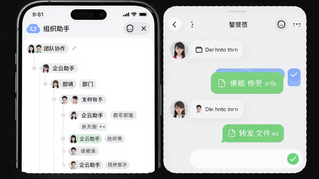 画面主体为“企云助手”团队协作功能展示,布局为手机界面中呈现组织架构树状列表与聊天窗口并排,排版左右分栏,风格为柔和圆角现代风,细节包含头像图标、部门标签、文件转发气泡与勾选状态,画质高清,干净,无多余元素