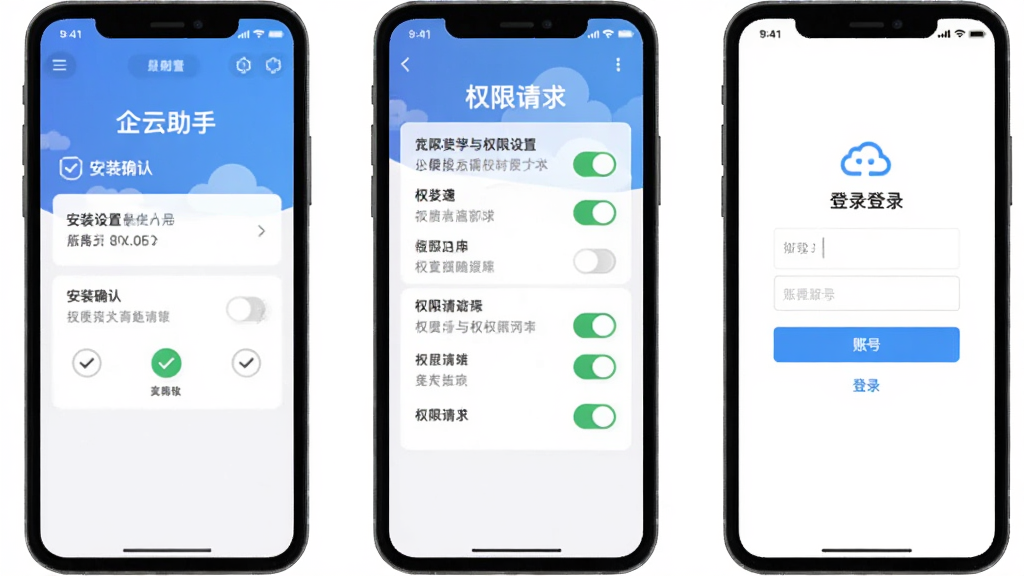 画面主体为“企云助手”手机应用安装与权限设置引导界面,布局为三部手机并排展示安装确认、权限请求与登录页面,排版横向等距排列,风格为扁平化教程图解风,细节包含勾选按钮、权限开关图标与账号输入框,画质清晰,干净,无多余元素