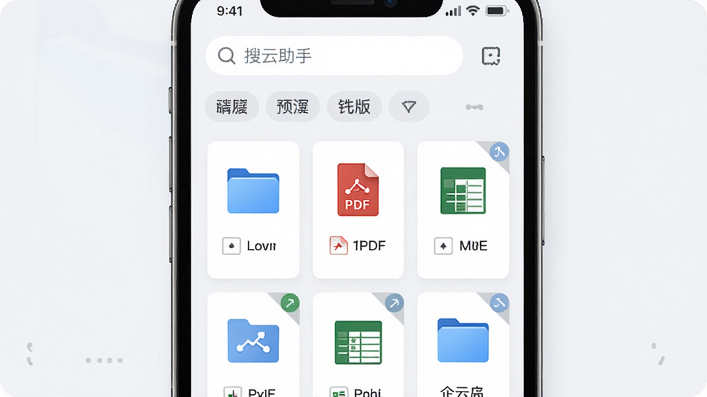 画面主体为“企云助手”云端文件管理界面,布局为手机屏幕内展示文件卡片网格,上方有搜索栏与筛选标签,排版采用上下分层结构,风格为清爽浅色商务风,细节包含蓝色文件夹图标、PDF与表格缩略图、版本标记小角标,画质清晰,干净,无多余元素