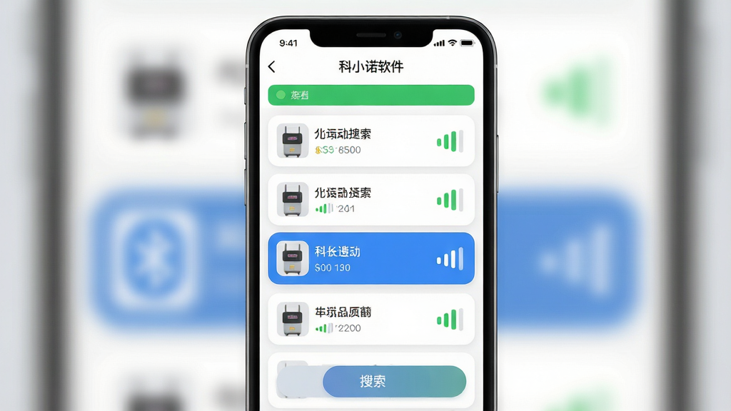 һ�ű��������豸�����б������ʾ��ͼ���������ֻ���Ļ��д����Ļ����ʾ��Сŵ�������豸����ҳ�棬�б��г��ֶ�̨������ӡ���������ź�ǿ��ͼ�꣬����һ̨������ѡ�У���Ļ�Ϸ�����ɫ���ӳɹ�״̬�������沼��Ϊ�����ֻ���д�������黯����Ϊǳ��ɫ�����Ϊ��ƽ��UIչʾ�磬ϸ�ڰ�����ťԲ�ǡ�״̬ɫ�顢�źŸ�ͼ�꣬��������������ɾ����޶���Ԫ��