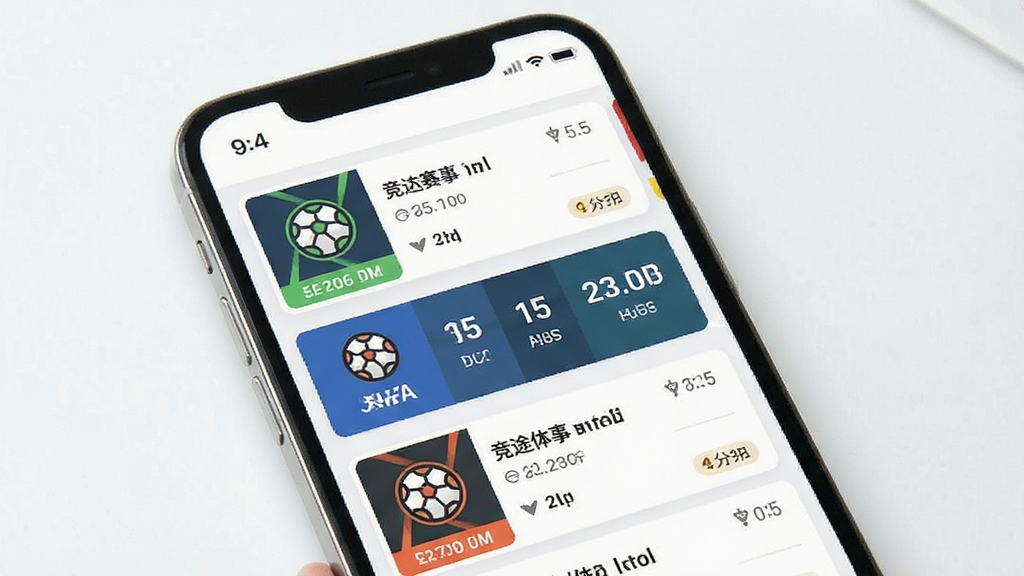 竞途体育赛事资讯界面展示图,主体为手机屏幕内排列整齐的赛事卡片与比分信息,布局采用上下滚动式信息流,风格简洁明快,细节包含赛事图标与时间标签,画质清晰,画面干净,无多余元素