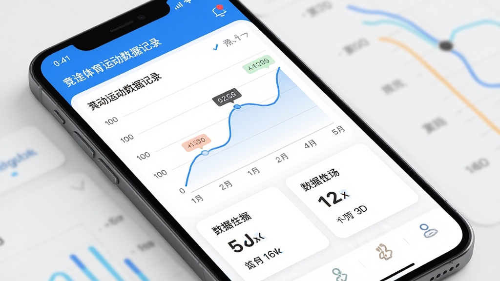 竞途体育运动数据记录页面示意图,主体为手机界面中展示折线图与数据统计卡片,布局为上下分层的信息面板,风格为清爽的数据可视化风,细节包含图表刻度与数值标签,画质高清,画面干净,无多余元素