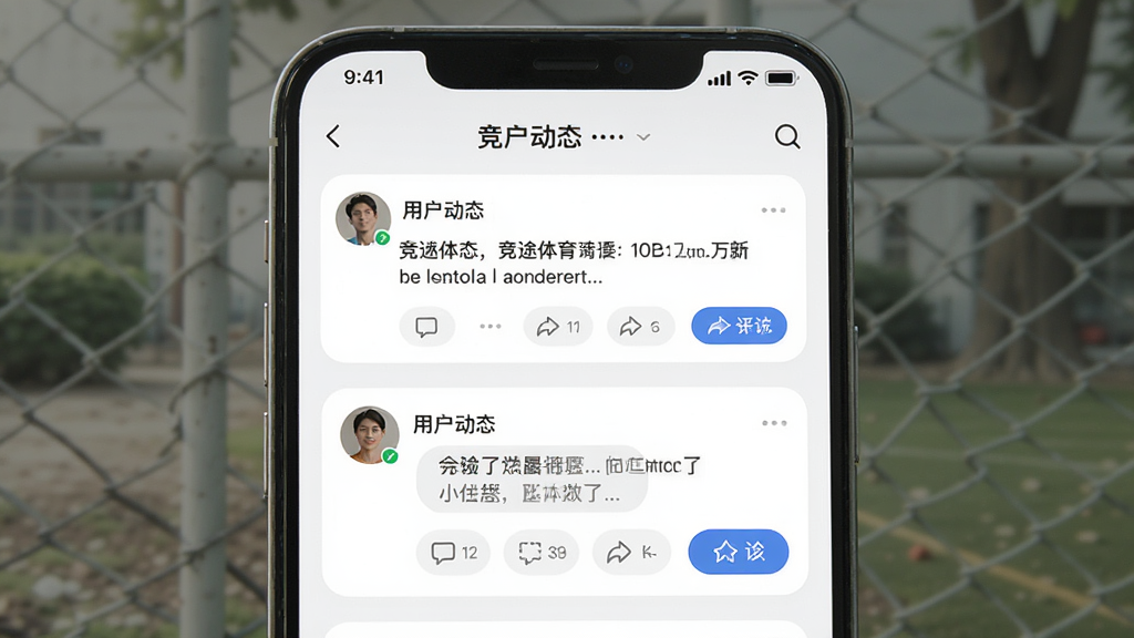 竞途体育社区互动页面示意图,主体为手机界面中展示用户动态流与评论互动区域,布局为卡片式信息流排列,风格为轻社交应用界面风,细节包含头像、文字内容与互动按钮,画质高清,画面干净,无多余元素