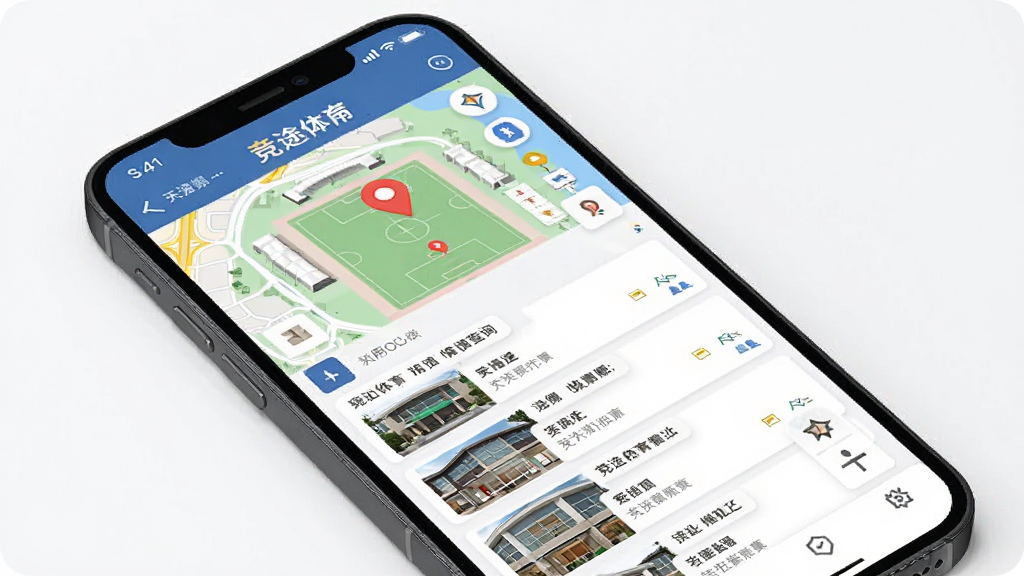 竞途体育场馆查询功能展示图,主体为手机屏幕内呈现地图与场馆列表的组合界面,布局为地图在上列表在下的结构,风格为实用工具类应用界面风,细节包含位置标记与场馆名称标签,画质清晰,画面干净,无多余元素