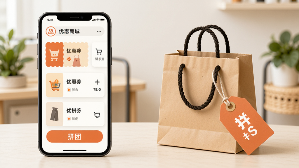 拼拼优惠商城使用场景示意图,手机屏幕显示优惠券列表与拼团入口,旁边放置购物袋与折扣标签元素,整体风格生活化,布局简洁,画质清晰,干净,无多余元素