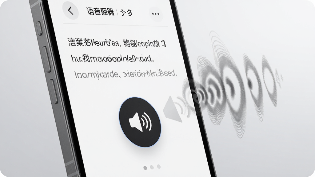 一部手机屏幕特写,显示中英翻译器翻译结果页面,页面上有一个醒目的喇叭图标按钮,手机旁边漂浮着声波纹理的抽象图形,背景为浅灰色渐变,风格科技简约,构图以手机为中心,细节突出语音朗读按钮与中英文对照文本,画质干净清晰