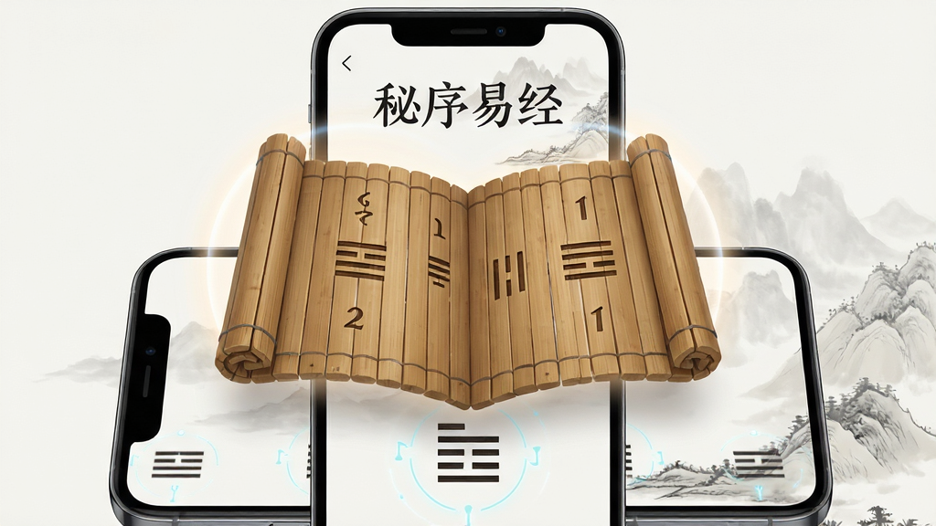 画面主体为一本展开的古籍竹简风格电子书悬浮在手机屏幕上方,手机屏幕显示卦象排列界面,布局为居中对称构图,排版上书名“秘序易经”置于画面顶部居中位置,风格为现代国风与科技感融合,细节包括卦爻符号、淡墨山水纹理、柔和光晕,画质高清细腻,干净简洁,无多余元素