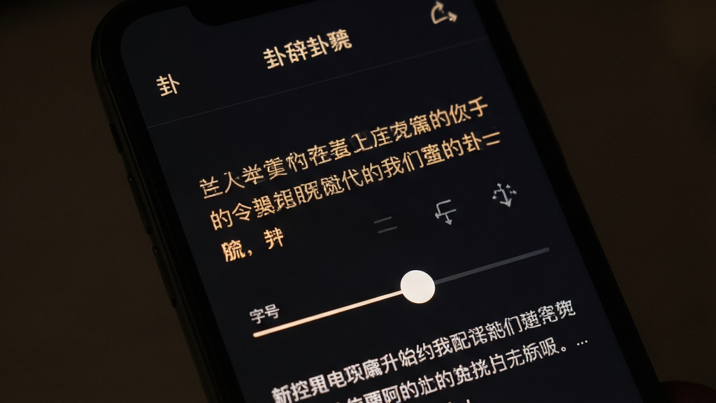 手机屏幕呈现夜间模式阅读界面,主体为卦辞文字段落与字号调节滑块,布局为上下结构上方标题下方正文,风格为柔和暗色护眼风,细节包括暖色文字、轻量图标、简洁留白,画质清晰,干净无多余元素