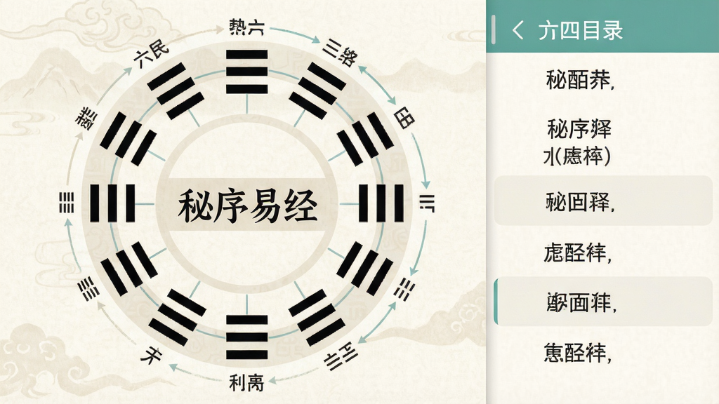 手机界面展示六十四卦环形排列图,中心为“秘序易经”文字标识,主体为环形卦序图与侧边目录列表,布局左图右表,风格为清新国风扁平化设计,细节包含卦名标签、连线指示、浅色背景纹理,画质清晰,干净整洁,无多余装饰