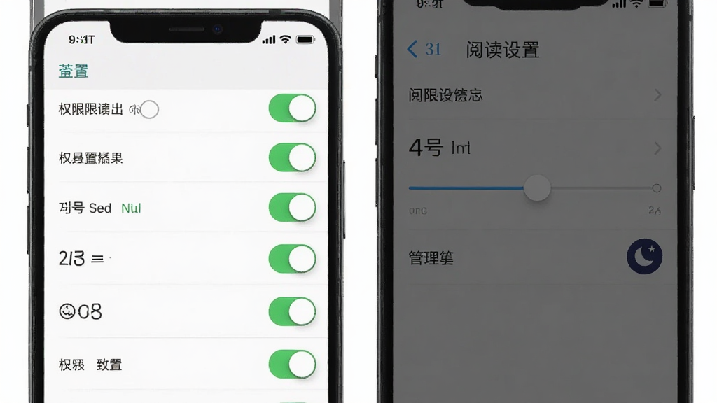 手机界面展示设置菜单与权限管理页面,主体为权限开关列表与阅读设置选项,布局为纵向列表结构,风格为简洁工具类应用界面,细节包括开关按钮、字号滑块、夜间模式图标,画质清晰,干净无多余元素