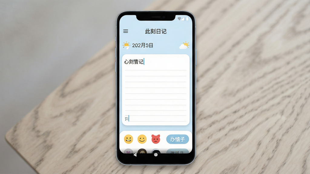 һ���ֻ�Ӧ�ý���չʾͼ������������һ��������׿�ֻ�����Ļ����ʾ���˿��ռǡ����ռǱ༭ҳ�棬����������������Сͼ�꣬�в��Ǻ����ı����������ײ����������ѡ�������ǩ��ť�����岼�ּ�����׳��㣬���Ϊ����ǳɫϵ��ƽ��UI��ƣ�ϸ�ڰ��������Ӱ��Բ�ǿ�Ƭ������ɫ��ɫ�������������ɾ����޶���Ԫ�أ��ʺ���Ϊ��������վԤ��ͼ