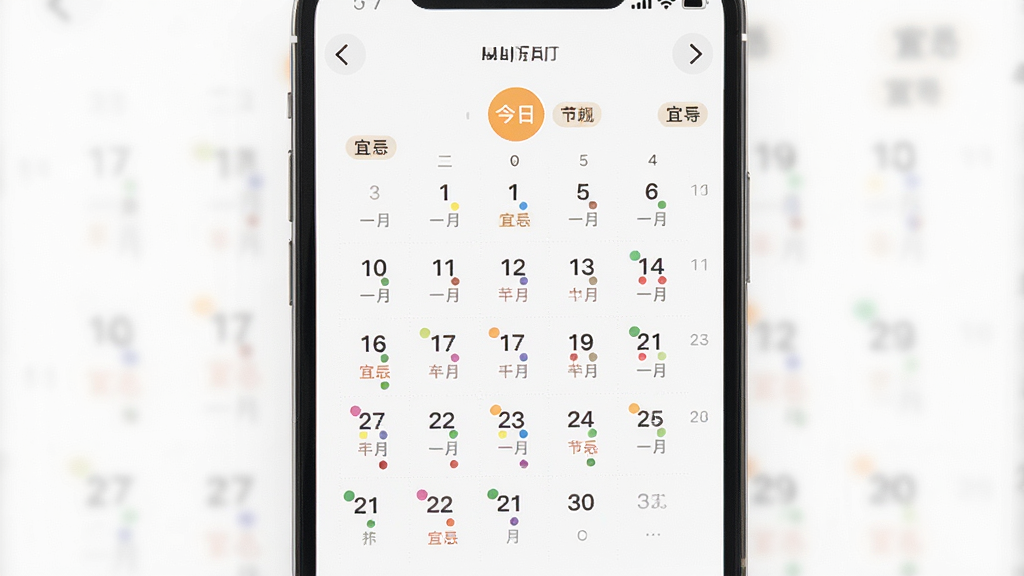 手机屏幕展示日历字大黄历看日子月视图界面,网格状日期排列,部分日期下方标注农历小字与彩色节气圆点,布局为整月日历网格居中展示,风格为清爽扁平化设计风,细节包含月份切换箭头、今日高亮圆框、宜忌小标签,画质清晰干净,背景为纯白,无多余元素