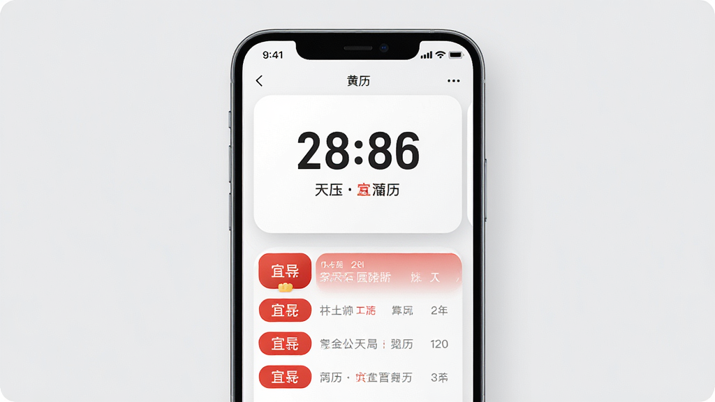 一部智能手机竖屏展示日历字大黄历看日子应用主界面,屏幕中央为大号日期数字与农历信息,下方为红色宜忌条目列表,布局为手机正面特写居中构图,排版上下分层清晰,风格为简洁科技产品展示风,细节包含状态栏图标、圆角卡片、柔和阴影,画质高清干净,背景为浅灰纯色,无多余元素