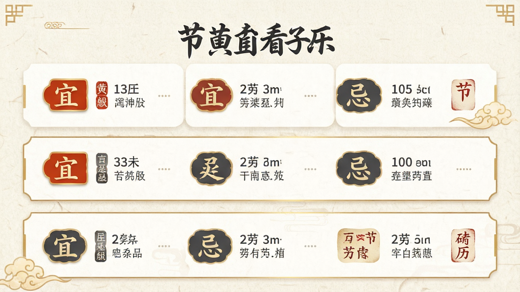 日历字大黄历看日子应用内页截图风格画面,展示黄历详情面板,面板中排列宜忌项目图标与文字说明,布局为纵向信息流卡片式排版,风格为传统中国风与现代UI结合,细节包含朱红色宜字标签、墨灰色忌字标签、金色边框装饰、节气小图标,画质清晰干净,背景为米白色宣纸纹理,无多余元素