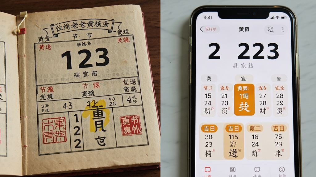 画面主体为一本摊开的传统老黄历与一部智能手机并排摆放,手机屏幕显示大字号日历与黄历宜忌界面,布局采用左右对比构图,左侧黄历纸张质感,右侧手机界面清爽,排版突出日期数字与宜忌文字,风格为写实生活摄影风,细节包含红色印章、节气标注、吉日高亮框,画质清晰干净,无多余装饰元素