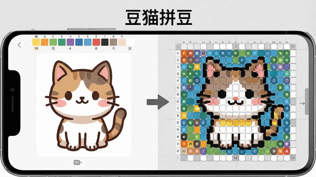 一张展示图片转拼豆图纸过程的界面图,画面主体为手机屏幕,屏幕左侧是一张卡通猫咪照片,右侧是由彩色小方格组成的像素化图纸,中间有箭头过渡,屏幕上方显示文字