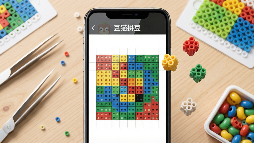 一张手机屏幕展示拼豆图案设计界面的场景图,画面主体是一部竖屏智能手机,屏幕中央显示彩色像素网格图纸,网格由红黄蓝绿等多种颜色的小方块组成,旁边漂浮着几颗立体拼豆珠子,背景为浅木色桌面,桌面上散落着镊子、拼豆模板和一小盒彩色豆子,整体布局为居中构图,手机占画面视觉中心,风格为清新写实的商品展示风,细节包括屏幕反光、豆子高光、桌面纹理,画质清晰干净,画面中屏幕上方显示文字