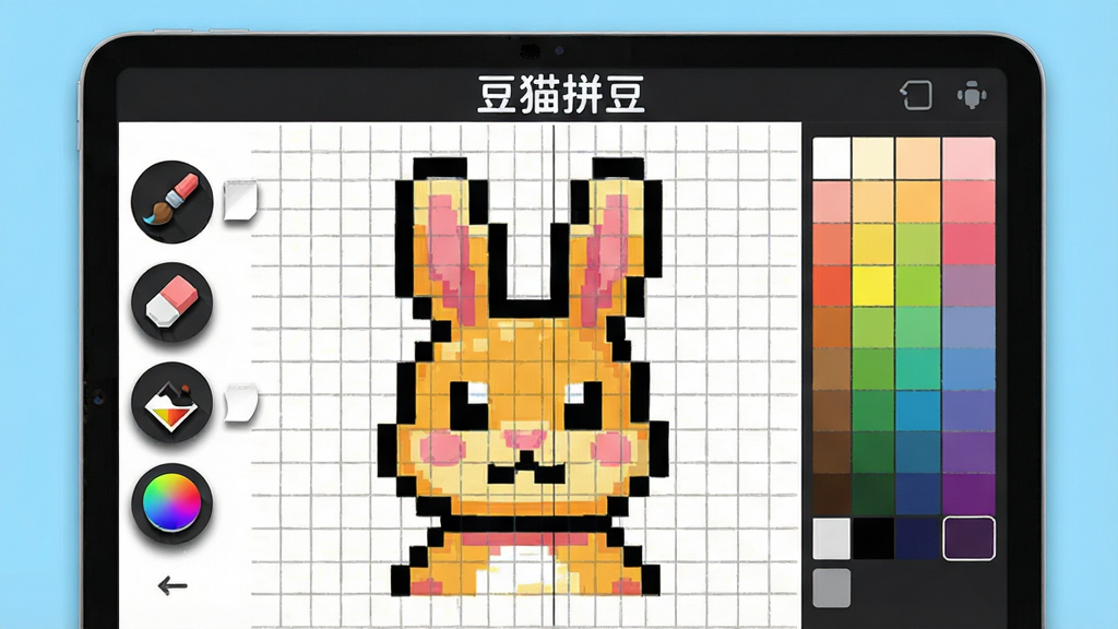 一张展示像素手绘创作界面的场景图,画面主体为平板或手机屏幕,屏幕上是一个空白网格画布,画布上已经绘制了一半的彩色像素小兔子图案,屏幕左侧竖排显示画笔、橡皮、填充、取色等工具图标,右侧显示色板,屏幕上方显示文字