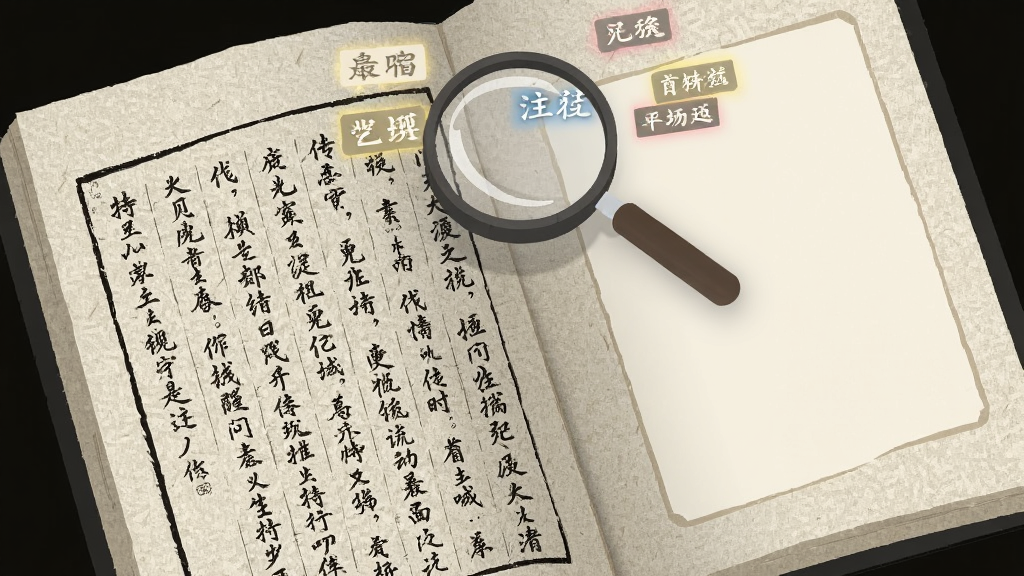 画面主体为一本翻开的书册,书页左侧为竖排古文,右侧为浅色注解框,书页上方悬浮一枚放大镜与若干发光的关键词标签,布局为俯视微倾斜构图,风格为现代扁平与纸质纹理结合的数字插画,细节上表现纸张纤维、墨色层次与柔和投影,画质干净清晰,画面中不含可识别的具体文字,无多余元素