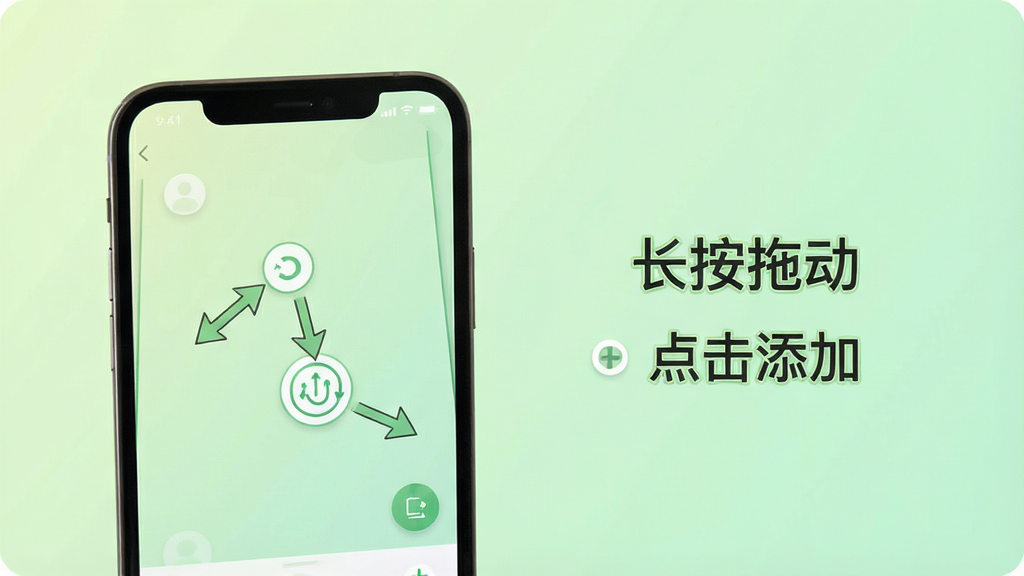 一张故事地图软件新手操作引导界面的示意图,画面中展示手机屏幕上带有箭头指示的节点拖拽操作演示,旁边配有“长按拖动”“点击添加”等文字说明,背景为浅绿色渐变,风格清新柔和,布局清晰直观,细节干净,画质高清