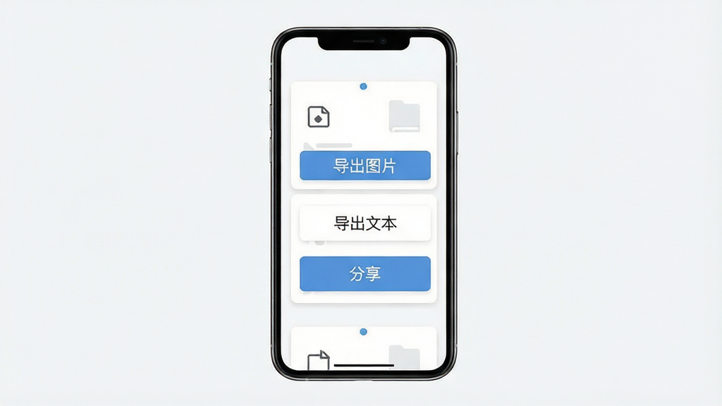 一张故事地图软件导出分享界面的示意图,画面中展示手机屏幕上有“导出图片”“导出文本”“分享”等按钮,背景为白色卡片式布局,风格清爽素雅,细节清晰,画质干净高清,布局居中对齐