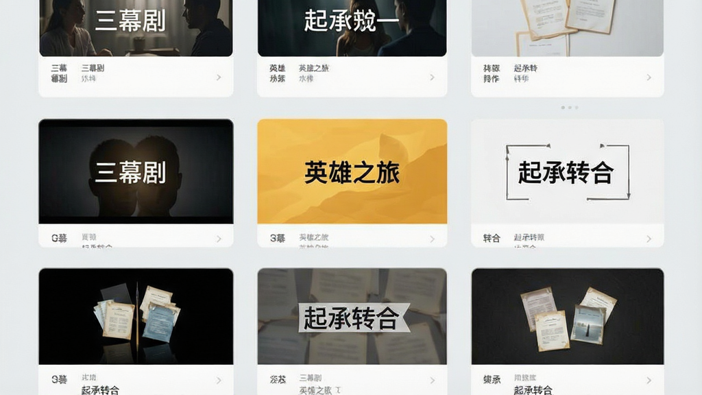 一张故事地图软件模板选择界面的手机截图,画面中展示多个模板卡片整齐排列,卡片上写有“三幕剧”“英雄之旅”“起承转合”等标题,背景为浅灰色,风格简约商务,布局网格状排列,细节清晰,画质高清,无杂乱元素