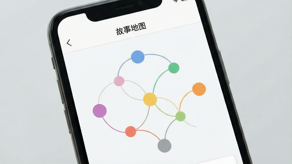 一张展示故事地图软件主界面的手机屏幕截图,画面中央是带有多个彩色节点的故事结构图,节点之间用曲线连接,背景为浅色极简风格,屏幕上方显示软件名称“故事地图”,整体布局干净整洁,风格现代清新,细节清晰,画质高清,无多余元素
