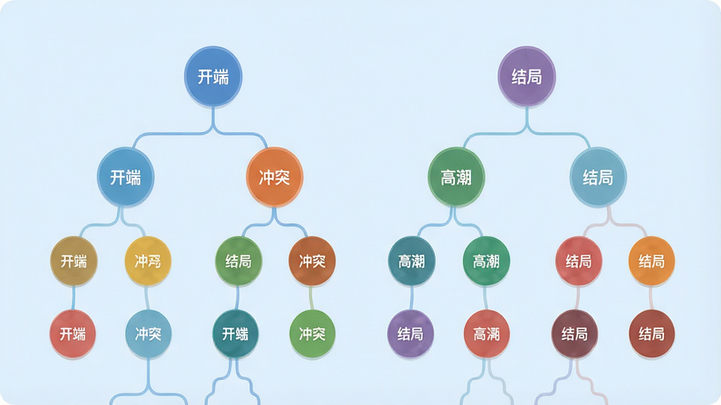 一张故事地图软件中的可视化结构界面图,画面中展示多个彩色圆形节点通过线条连接成树状结构,节点内写有“开端”“冲突”“高潮”“结局”等字样,背景为柔和的浅蓝色,风格简洁明快,布局居中对称,细节清晰,画质干净高清