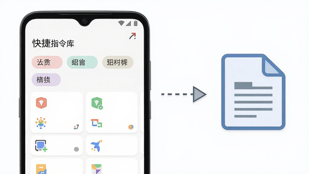 画面主体是安卓手机展示“快捷”指令库页面,屏幕上排列着分类标签与模板卡片,旁边有一张配置文本文件图标与手机之间有导入箭头;布局为手机与文件图标左右呼应;排版以指令库列表为主体,导入动作用箭头示意;风格为清新浅色扁平风;细节上分类标签颜色柔和,卡片带小图标,箭头为虚线;画质高清,画面干净,无多余元素