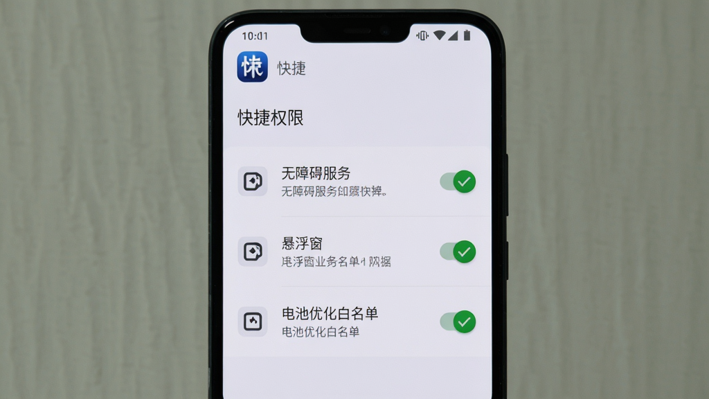 画面主体是安卓手机屏幕展示“快捷”权限设置引导页,页面上列出无障碍服务、悬浮窗、电池优化白名单三项开关,旁边有勾选标记;布局为手机居中,三项设置纵向排列;排版清晰,每项配有小图标与说明文字;风格为简洁设置页UI风,浅色背景;细节上开关呈开启状态,文字标签为中文,页面顶部有“快捷”应用图标;画质高清,画面干净,无多余元素