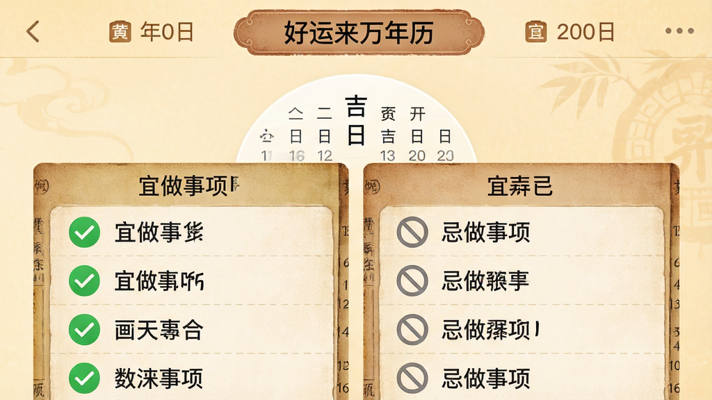 手机应用界面截图风格画面,展示“好运来万年历”的黄道吉日查询页面,画面中央为日期选择器与宜忌双栏卡片,左侧列宜做事项并配绿色对勾图标,右侧列忌做事项并配灰色禁止图标,背景为浅暖色,布局为上下结构,上方为日期导航条,下方为双栏宜忌列表,风格传统与现代结合,细节处有老黄历纹理边框,画质清晰,画面干净,无多余元素