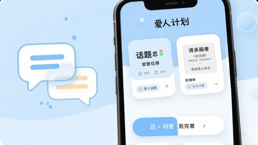 手机屏幕展示“爱人计划”互动小工具页面,页面中有话题卡片与问答选项,界面采用圆角卡片设计,背景为浅蓝与白色搭配,画面左侧放置对话气泡装饰,整体风格清爽,画质干净,无多余元素
