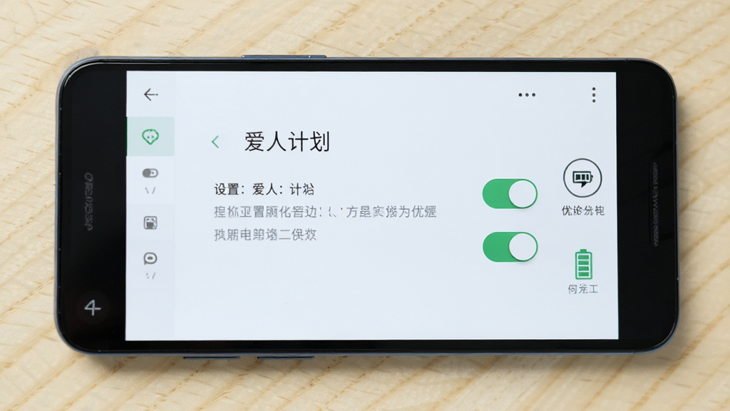 一部安卓手机放置在桌面上,屏幕显示“爱人计划”设置向导页面,旁边有权限开关图标与电池优化标识,画面采用俯视角度,背景为简洁木质桌面,整体风格干净明亮,画质清晰,无多余元素