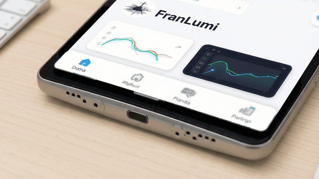 FranLumi软件界面的特写展示图,画面中清晰呈现应用的底部导航栏和功能卡片布局,屏幕上可以看到“FranLumi”字样的标题栏,整体界面风格扁平化设计,配色以白底配深色文字和少量强调色为主,背景为干净的浅色桌面环境,画质细腻,排版整洁