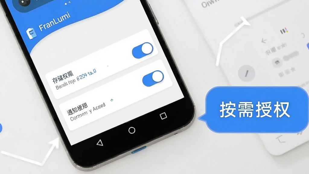 一部安卓手机屏幕上显示FranLumi应用的权限设置界面,画面中有存储权限和通知权限的开关选项,手机旁边有一个提示气泡写着“按需授权”,整体风格为扁平化信息图样式,配色以蓝白灰为主,构图清晰直观,画质干净