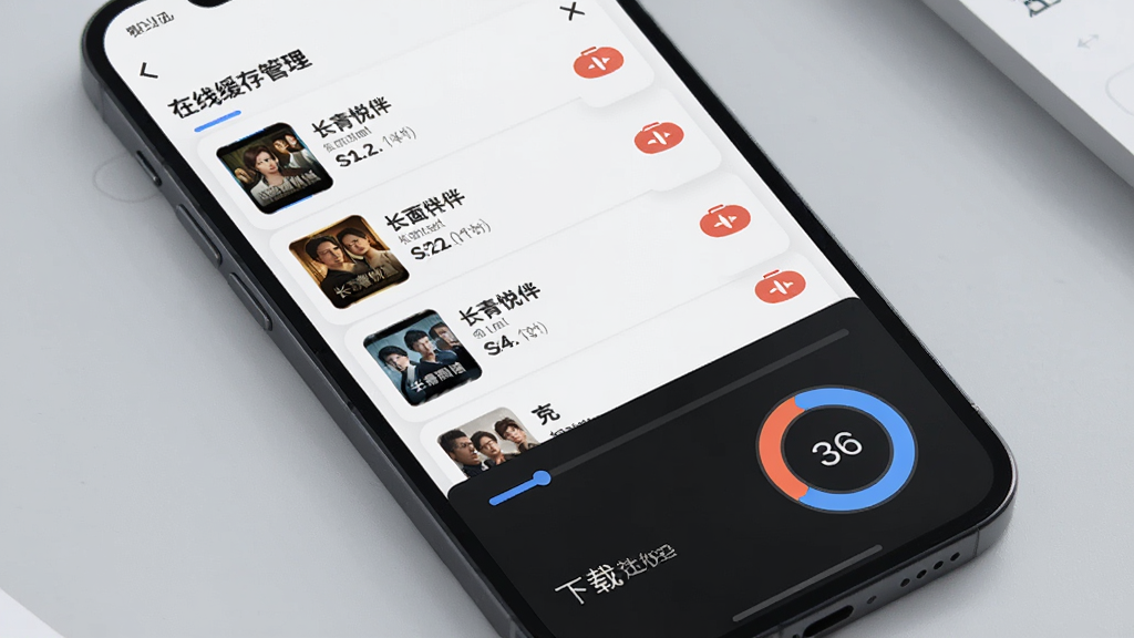 手机界面显示“长青悦伴”离线缓存管理页,列表中有多部剧集与容量数字,旁边有删除按钮,手机下方有下载进度条与存储空间环形图,背景为浅灰色桌面,风格为简约科技风,细节包括缓存图标与容量标签,画质清晰,干净,无多余元素