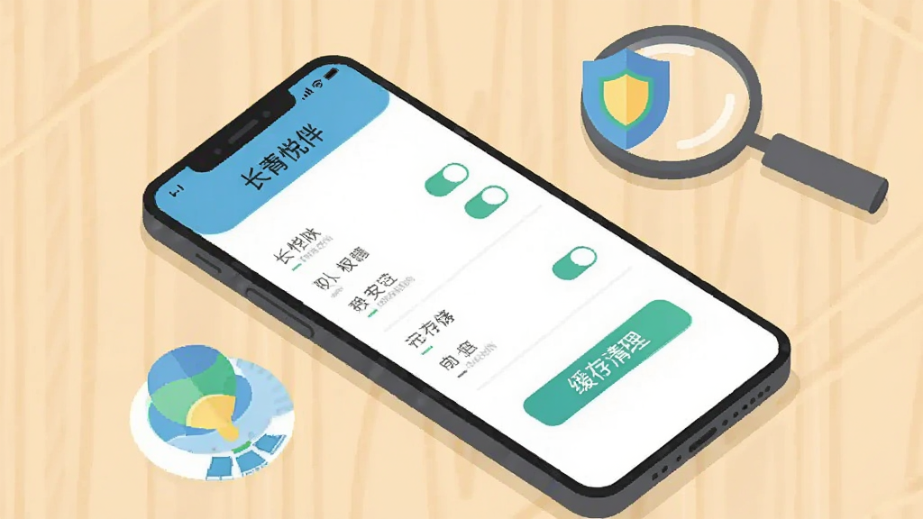 一部手机平放在桌面上,屏幕显示“长青悦伴”设置页面,旁边有放大镜、盾牌安全图标与存储空间示意图,背景为浅木色桌面,风格为清新扁平插画,细节包括权限开关与缓存清理按钮,画质清晰,干净,无多余元素