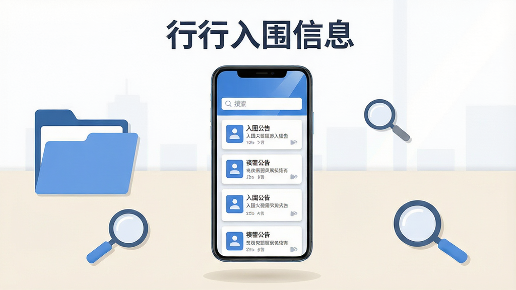 画面主体为一部竖屏智能手机,屏幕中展示企业招投标信息列表界面,包含搜索框与多条入围公告卡片;布局采用居中构图,手机悬浮于浅色办公桌面上方,周围点缀文件夹与放大镜图标;排版简洁清晰,上方留白放置标题文字“行行入围信息”;风格为现代扁平化商务插画,配色以蓝白灰为主;细节包括手机屏幕高光、卡片阴影、图标线条干净;画质高清,画面干净,无多余元素