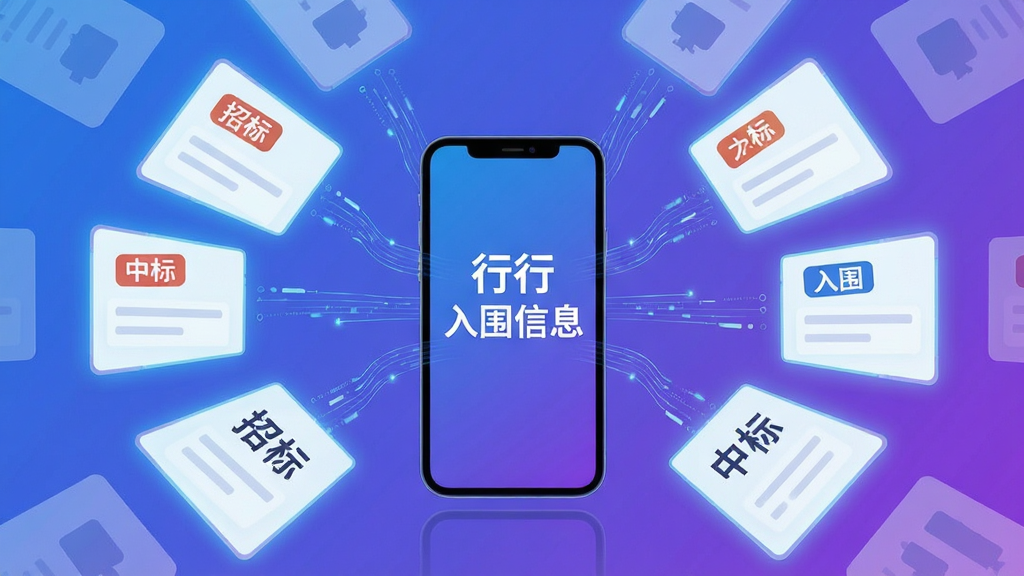 画面主体为多个信息卡片从不同方向汇聚到中央的手机屏幕中,屏幕显示“行行入围信息”文字;布局为放射状汇聚构图,卡片带有招标、中标、入围等标签;风格为科技感扁平插画,蓝紫渐变背景;细节包括卡片边缘微光、数据线条流动感;画质清晰,画面干净,无多余元素