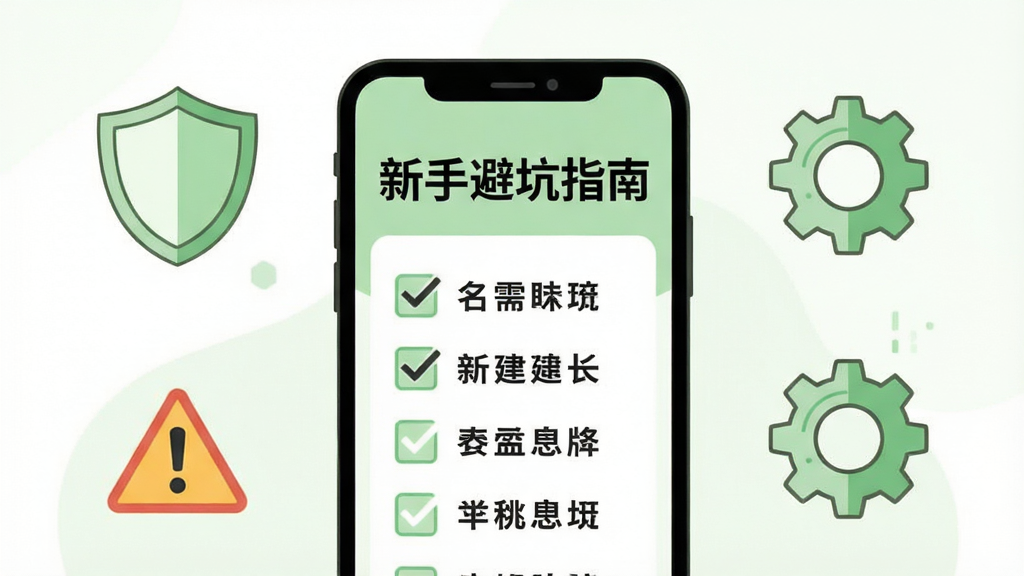 画面主体为一部手机屏幕显示“新手避坑指南”文字与勾选清单,旁边放置盾牌与齿轮图标;布局为手机居中,图标环绕四周;风格为扁平化信息图插画,浅绿与白色配色;细节包括清单条目、对勾符号、警示三角;画质清晰,画面干净,无多余元素