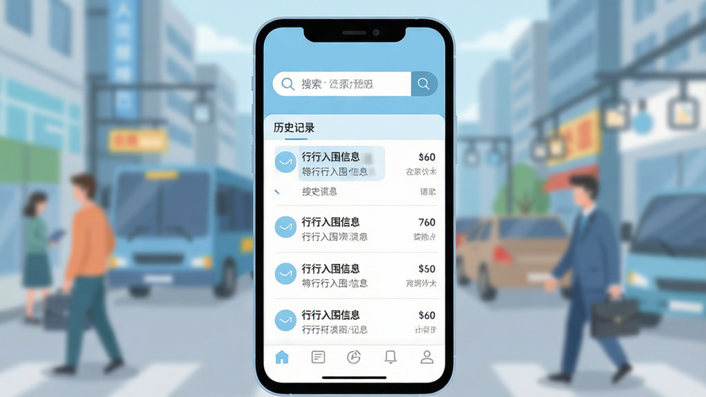 画面主体为手机界面展示搜索框与历史记录列表,屏幕中可见“行行入围信息”字样;布局为手机正面特写居中,背景为模糊的城市通勤场景;风格为清新扁平化UI插画,浅蓝配色;细节包括搜索图标、历史记录条目、底部导航栏;画质清晰,画面干净,无多余元素