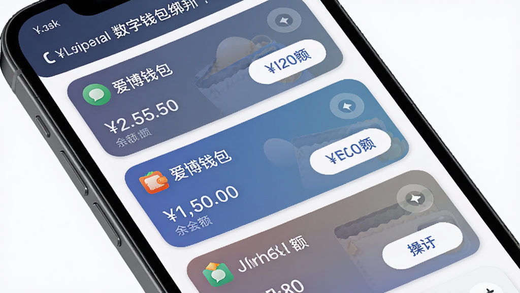 爱博钱包数字钱包绑定管理界面,手机屏幕显示多个钱包卡片列表,每张卡片包含钱包名称、余额概览与操作按钮,界面采用卡片式布局,风格柔和圆角,细节精致,画质干净