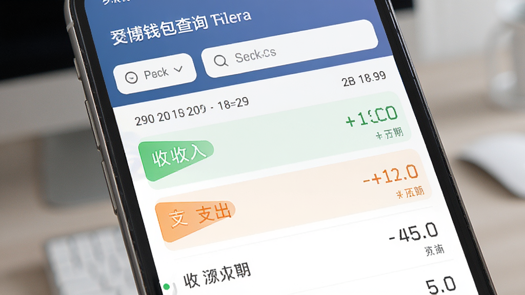 爱博钱包交易记录查询页面,手机屏幕展示按日期排列的收支明细列表,收入项绿色标识、支出项橙色标识,顶部有筛选与搜索栏,界面整洁有序,风格简约商务,画质清晰