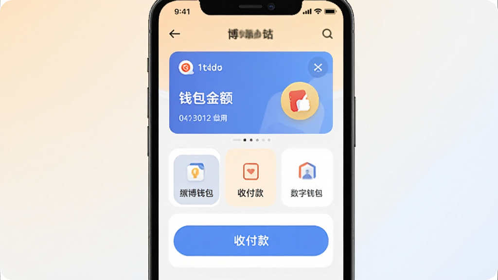 爱博钱包应用主界面展示,手机屏幕居中摆放,界面包含钱包余额卡片、收付款按钮、数字钱包绑定入口三个主要区域,背景为浅色渐变,风格简洁现代,细节清晰,画质干净,无多余元素